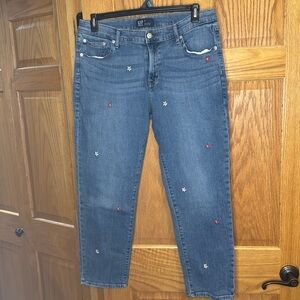 GAP Denim Girlfriend Jeans Blue Medium Wash Floral Embroidery Size 32 (14)
